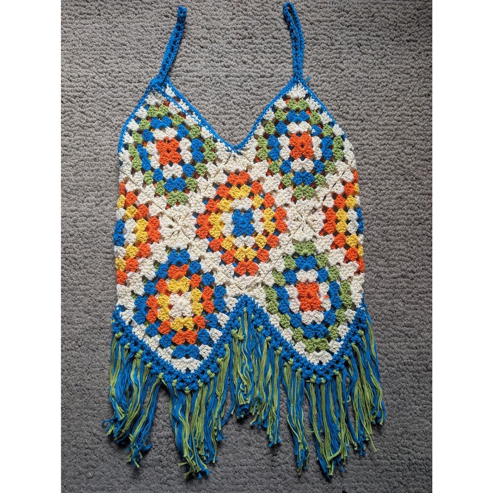 Handmade Multicolor Crochet Fringe Tank Top - Blue Trim